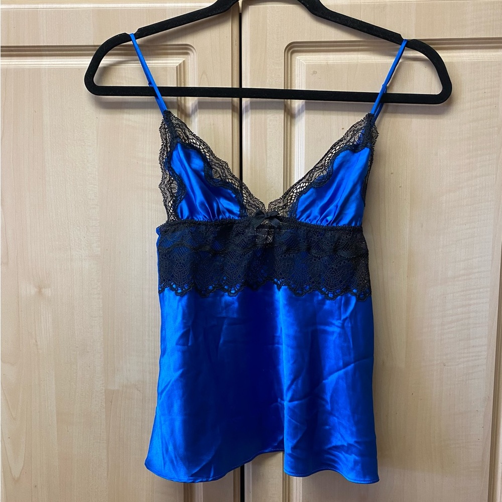Victoria's Secret Royal Blue Satin Camisole with Black Lace Trim